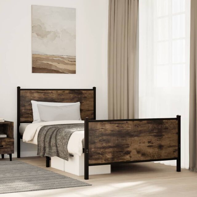 Berkfield Home Metal Bed Frame without Mattress Smoked Oak 107x203 cm in Brown - image 1