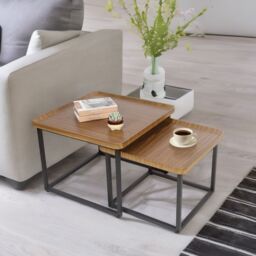 Pirlo Plush 2PC Nesting Tables Industrial Wood Grain Living Room Furniture in Brown - thumbnail 1