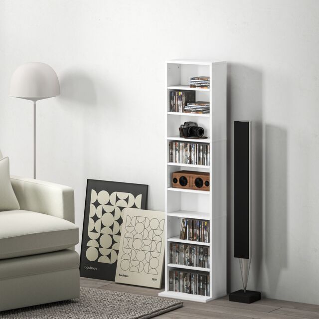 HOMCOM 260 CD Storage Unit 120 DVD Storage Tower with 9 Compartments in White - image 1