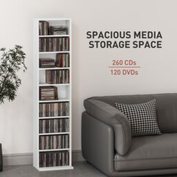 HOMCOM 260 CD Storage Unit 120 DVD Storage Tower with 9 Compartments in White - thumbnail 4
