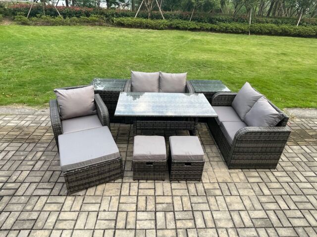 Fimous Lounge Rattan Sofa Set Outdoor Garden Furniture Oblong Rectangular Dining Table With Chairs 3 Footstools 2 Side Tables 8 Seater in Dark Grey - image 1