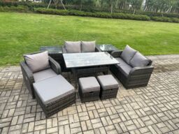 Fimous Lounge Rattan Sofa Set Outdoor Garden Furniture Oblong Rectangular Dining Table With Chairs 3 Footstools 2 Side Tables 8 Seater in Dark Grey - thumbnail 2