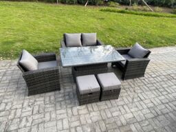 Fimous Outdoor Garden Dining Sets 6 Seater Rattan Patio Furniture Sofa Set with Rising Lifting Table in Dark Grey - thumbnail 1