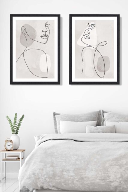 ARTZE Set of 2 Abstract Beige & Grey Female Line Art Wall Art Prints in Black Frames in Light Beige - Size: A4 - image 1