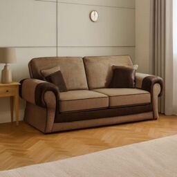 Furnishings For Less UK Portland Fabric 3 Seater Sofa Chesterfield Rolled Arms Fabric & Leather Like Sofa in Brown - thumbnail 2