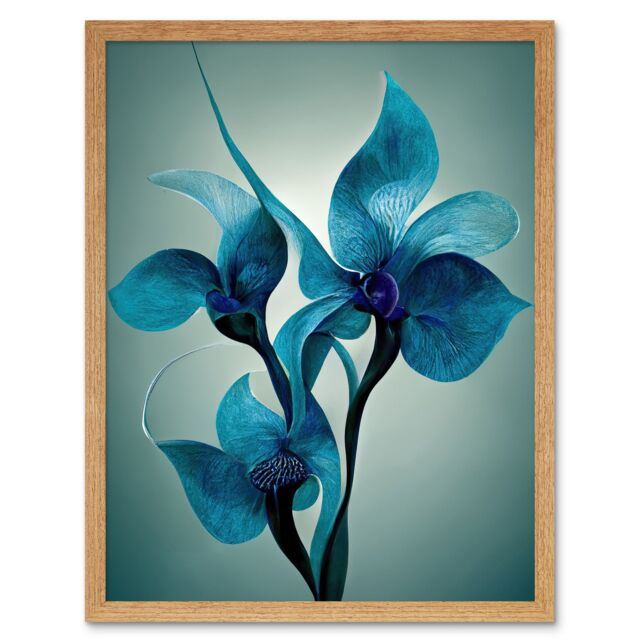 "Artery8 Wall Art Print Elegant Teal Blue Orchid Flowers Painting Art Framed in Light Oak - Size: W12"" x H16""" - image 1