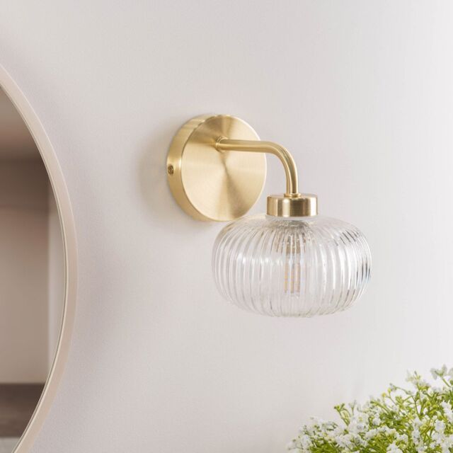 ValueLights Amaia Pair of Brushed Gold IP44 Clear Ribbed Glass Wall Lights with LED Bulbs - image 1
