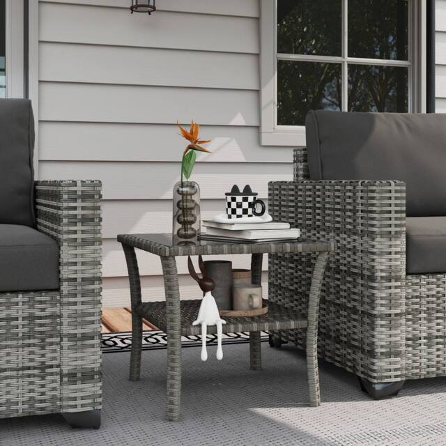 OUTSUNNY PE Rattan Coffee Table, Two-tier Side Table with Glass Top in Grey - image 1