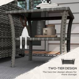OUTSUNNY PE Rattan Coffee Table, Two-tier Side Table with Glass Top in Grey - thumbnail 6
