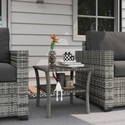 OUTSUNNY PE Rattan Coffee Table, Two-tier Side Table with Glass Top in Grey - thumbnail 1