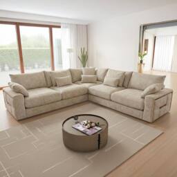 Furnishings For Less UK Juno L Shaped Large 5 Seater Corner Sofa Modern Fabric Beige - thumbnail 1