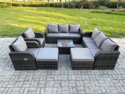 Fimous 10 Seater Outdoor Rattan Garden Furniture Set Conservatory Patio Sofa Coffee Table With 2 Big Footstool Dark Grey Mixed - thumbnail 2