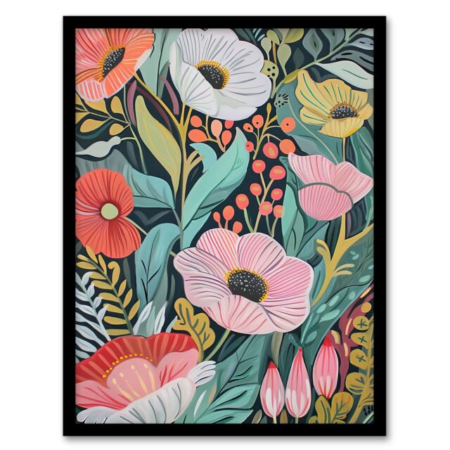 Artery8 Colourful Wildflower Garden Floral Painting Framed Art Print - Size: A4 - image 1