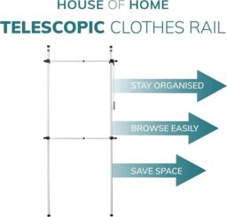 House of Home Clothes Rail Telescopic Wardrobe Organiser Hanging Clothing Rack Adjustable Storage Black - thumbnail 4