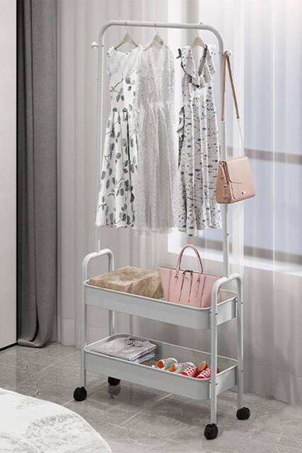 Living and Home Rolling Clothes Hanger Rack Garment Rack with 2 Storage Baskets in White - image 1