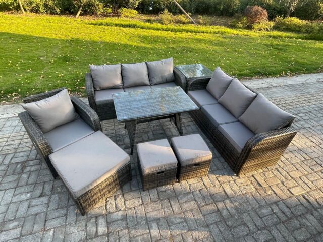 Fimous Wicker 8 Pieces Rattan Garden Furniture Sofa Set with Rectangular Dining Table Armchair 3 Footstools Side Table Dark Grey Mixed - image 1