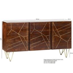Indian Hub Dark Gold Extra Large Sideboard 3 Drawers & 2 Doors - Solid Mango Wood - L40 x W160 x H85 cm in Brown - thumbnail 5