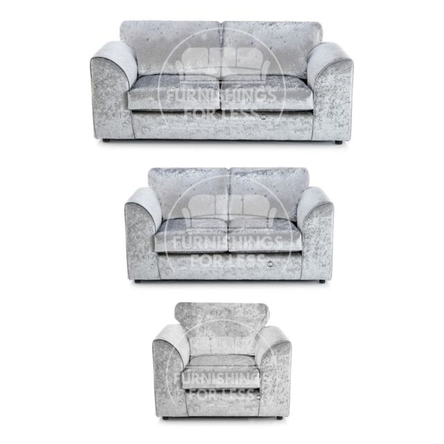 Furnishings For Less UK Crystal Crushed Velvet 6 Seater 3 Piece Sofa Suite - 3, 2 & Armchair Seater Full Back in Silver - image 1