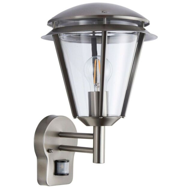 Loops IP44 Outdoor Wall Lamp Brushed Steel Modern PIR Lantern Porch Curved Move Light in Metallics - image 1