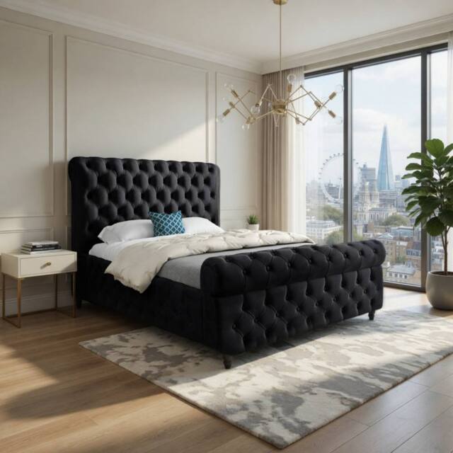 Casani Steeton Sleigh Upholstered Black Soft Velvet Designer Bed Frame - Size: Small Single - image 1