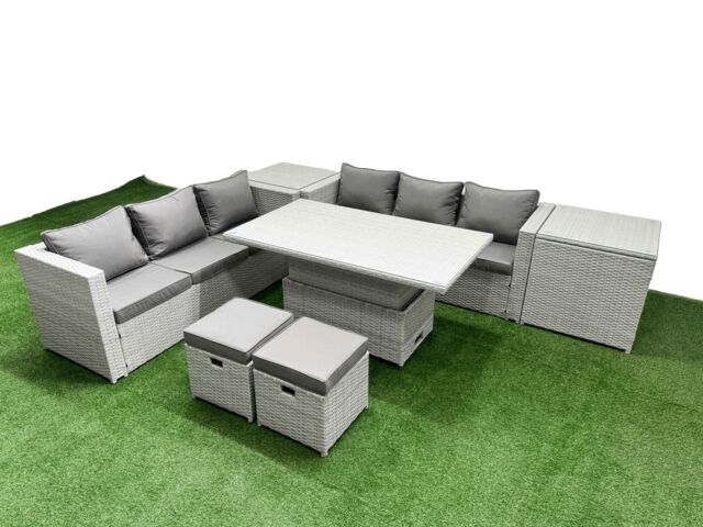 Fimous 7 PCs Rising Dining Table Set Rattan Furniture Set with 3 Seater Sofa in Light Grey - image 1