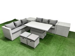 Fimous 7 PCs Rising Dining Table Set Rattan Furniture Set with 3 Seater Sofa in Light Grey - thumbnail 1
