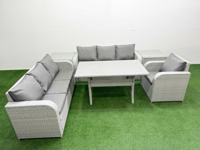 Fimous 7 Seater Poly Rattan Outdoor Garden Furniture Rectangular Dining Table Sofa Set Patio 3 Seater Sofa Reclining Chair 3 Seater Sofa 2 Side Table - image 1