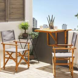 Wyld and Coco Garden Director's Chairs 2 Pack Foldable Acacia Wood Grey Fabric - thumbnail 1