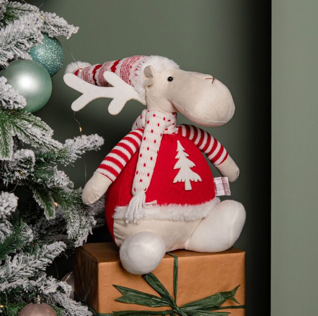 Samuel Alexander 40cm Battery Operated Light up Sitting Christmas Reindeer in Red & White Jumper - image 1