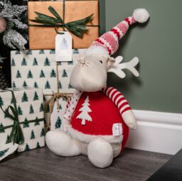 Samuel Alexander 40cm Battery Operated Light up Sitting Christmas Reindeer in Red & White Jumper - thumbnail 4