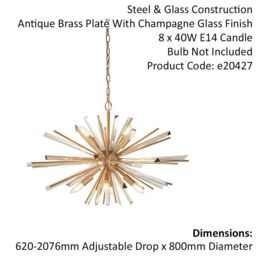 Loops Large Antique Brass Ceiling Pendant Light - 8 Bulb Hanging Fitting - Prism Glass in Clear - thumbnail 2