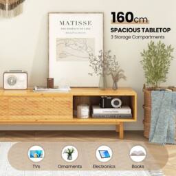 "Costway Bamboo TV Stand for 65"" TVs 160cm Mid Century Modern TV Console Table in Natural" - thumbnail 5