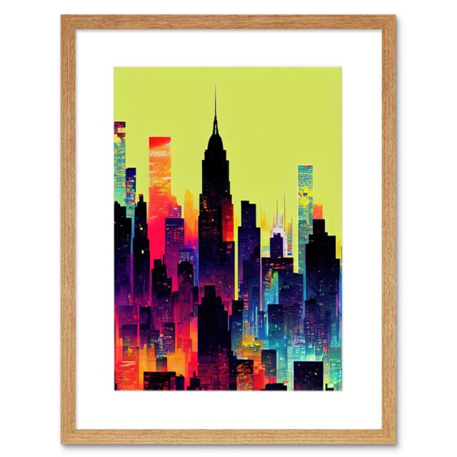 "Artery8 Wall Art Print New York Vibrant Multi Coloured Graphic Design Skyscraper Cityscape Silhouette Artwork Framed 9X7 Inch - Size: W7"" x H9""" - image 1