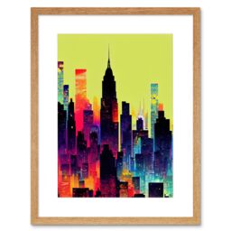"Artery8 Wall Art Print New York Vibrant Multi Coloured Graphic Design Skyscraper Cityscape Silhouette Artwork Framed 9X7 Inch - Size: W7"" x H9""" - thumbnail 1