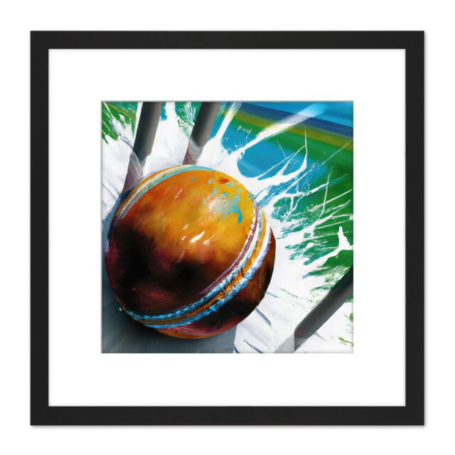 Artery8 Cricket Ball Hits Wickets Spin Bowler Dynamic Sports Splatter Painting Square Wooden Framed Wall Art Print Picture 8X8 Inch in Black - image 1