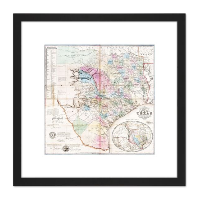 Artery8 Map Antique 1849 De Cordova Texas State USA Replica 8X8 Inch Square Wooden Framed Wall Art Print Picture with Mount in Black - image 1