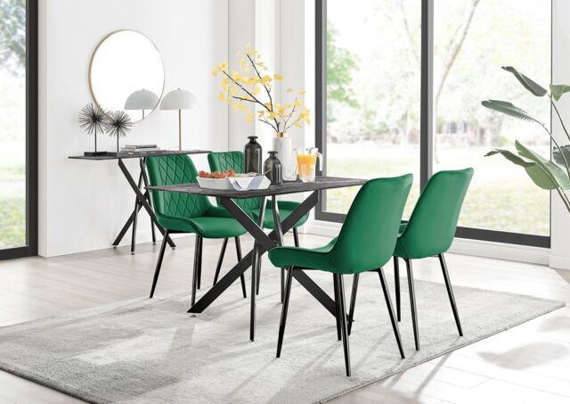 FurnitureboxUK Leonardo Grey Glass Marble Effect Black Leg Table & 4 Pesaro Black Leg Chairs in Green - image 1