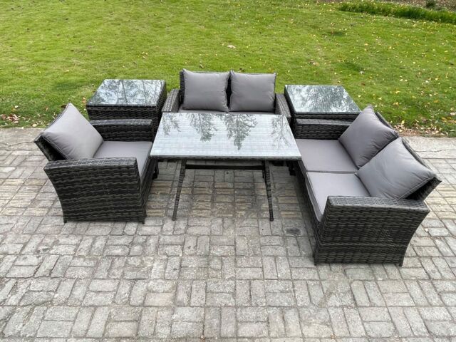 Fimous Wicker PE Rattan Garden Dining Set Outdoor Furniture Sofa with Rectangular Dining Table Love Seat Sofa 2 Side Tables in Dark Grey