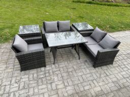 Fimous Wicker PE Rattan Garden Dining Set Outdoor Furniture Sofa with Rectangular Dining Table Love Seat Sofa 2 Side Tables in Dark Grey - thumbnail 2