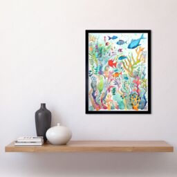 "Artery8 Wall Art Print Aquatic Scene Marine Life Folk Art Watercolour Painting Art Framed in Black - Size: W12"" x H16""" - thumbnail 2