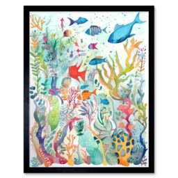 "Artery8 Wall Art Print Aquatic Scene Marine Life Folk Art Watercolour Painting Art Framed in Black - Size: W12"" x H16""" - thumbnail 1