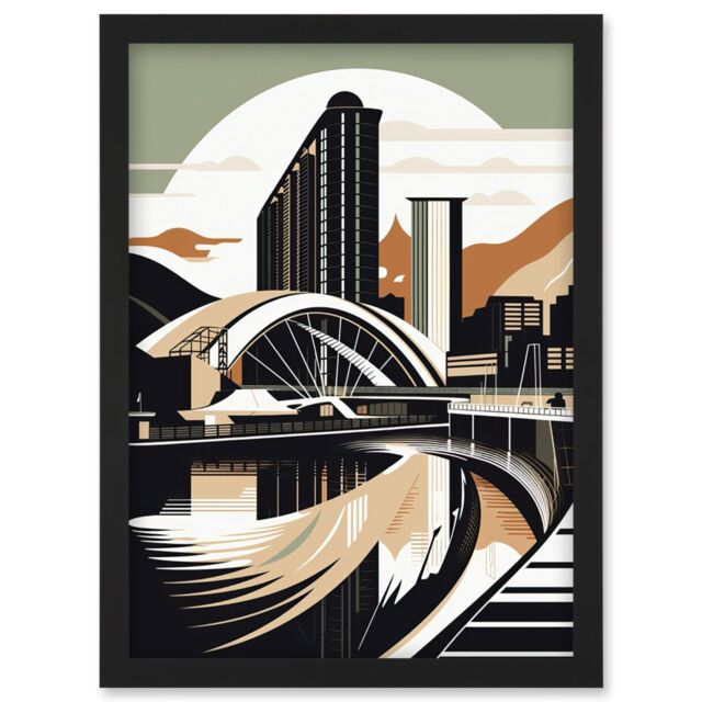 Artery8 Clyde Arc Bridge Abstract Cityscape Illustration Artwork Framed Wall Art Print A4 in Black - image 1
