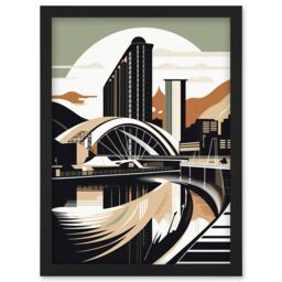 Artery8 Clyde Arc Bridge Abstract Cityscape Illustration Artwork Framed Wall Art Print A4 in Black - thumbnail 1