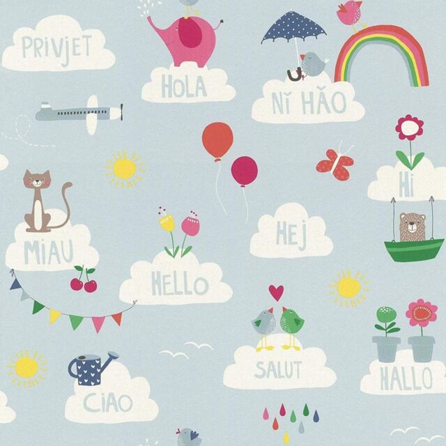 Rasch Hello Clouds Rainbow Birds Cats Butterfly Childrens Wallpaper in Blue - image 1