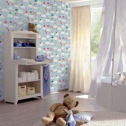 Rasch Hello Clouds Rainbow Birds Cats Butterfly Childrens Wallpaper in Blue - thumbnail 4