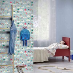 Rasch Hello Clouds Rainbow Birds Cats Butterfly Childrens Wallpaper in Blue - thumbnail 2