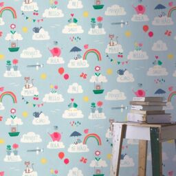 Rasch Hello Clouds Rainbow Birds Cats Butterfly Childrens Wallpaper in Blue - thumbnail 5