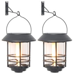 Berkfield Home Solar Outdoor Wall Lanterns 2 pcs Warm White Flickering Flame in Black - thumbnail 2