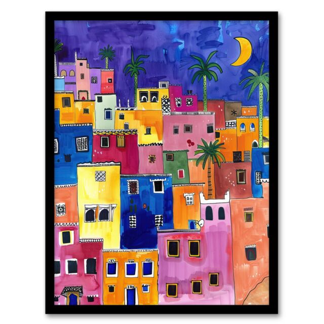 "Artery8 Colourful Moroccan Cityscape At Night Watercolour Framed Art Print - Size: W12"" x H16""" - image 1