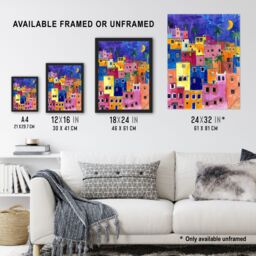 "Artery8 Colourful Moroccan Cityscape At Night Watercolour Framed Art Print - Size: W12"" x H16""" - thumbnail 3